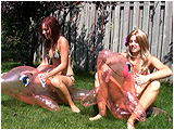Video clip for sale of Holly and Raven playing outside on pink transparent dolphins